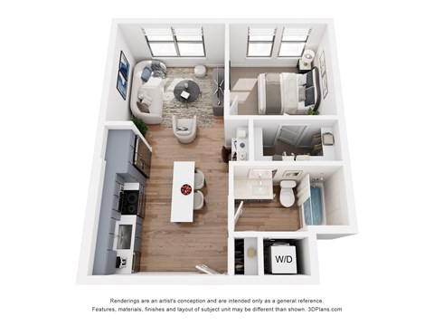 Floor plan for 1 bed, 1 bath, 563 sqft